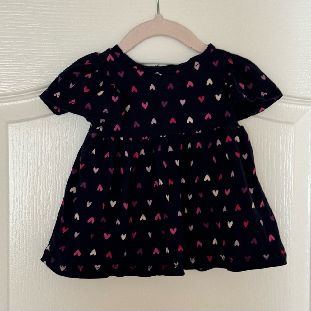 navy baby gap dress with purple, ivory, and pink hearts, size 3-6 months